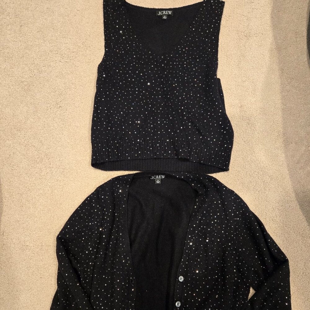 J Crew NWOT Black Studded Embellished Sweater Set Cardigan Tank M